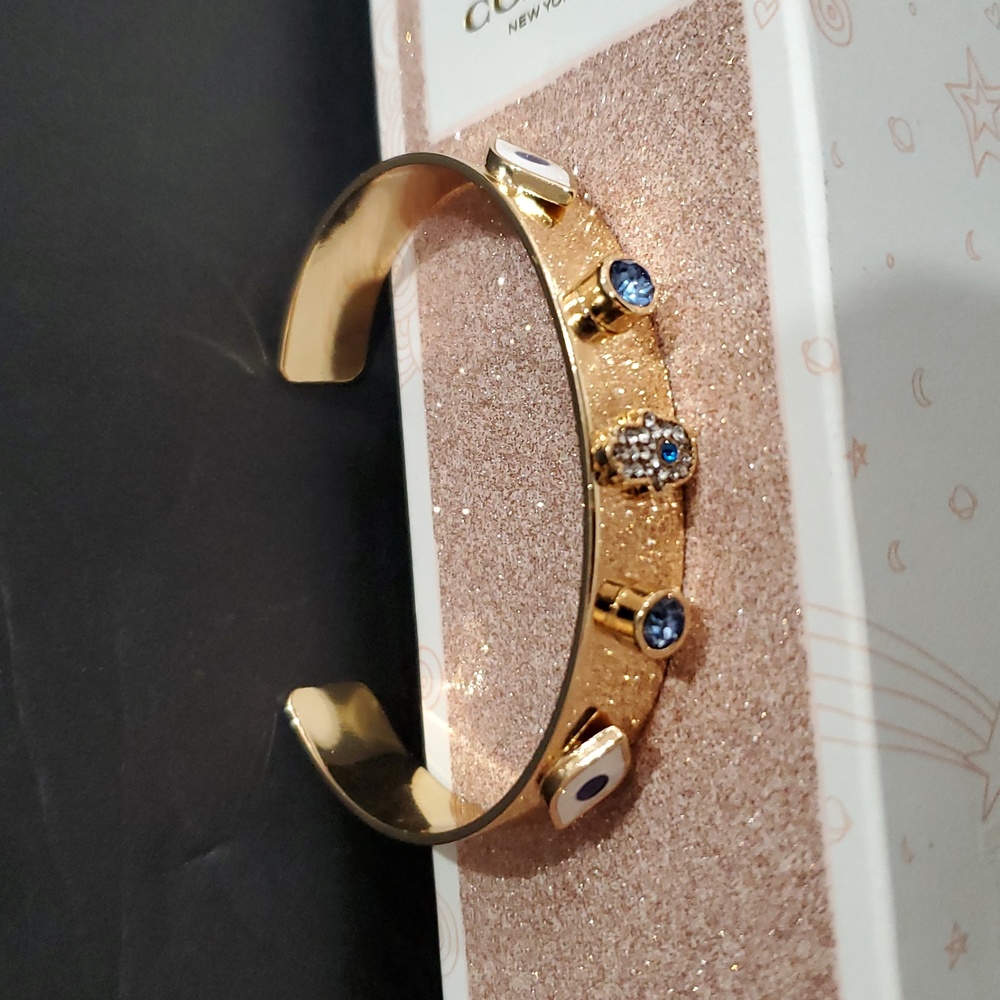 Aldo blue sapphire gemstone look evil eye pave hamsa hand‎ gold tone cuff bangle